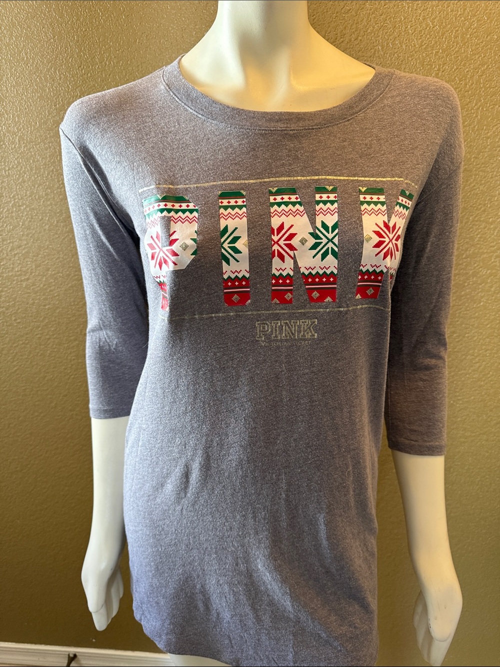 Y2K PINK Victoria's Secret Gray Crewneck Sweater with Festive Fair Isle Logo
